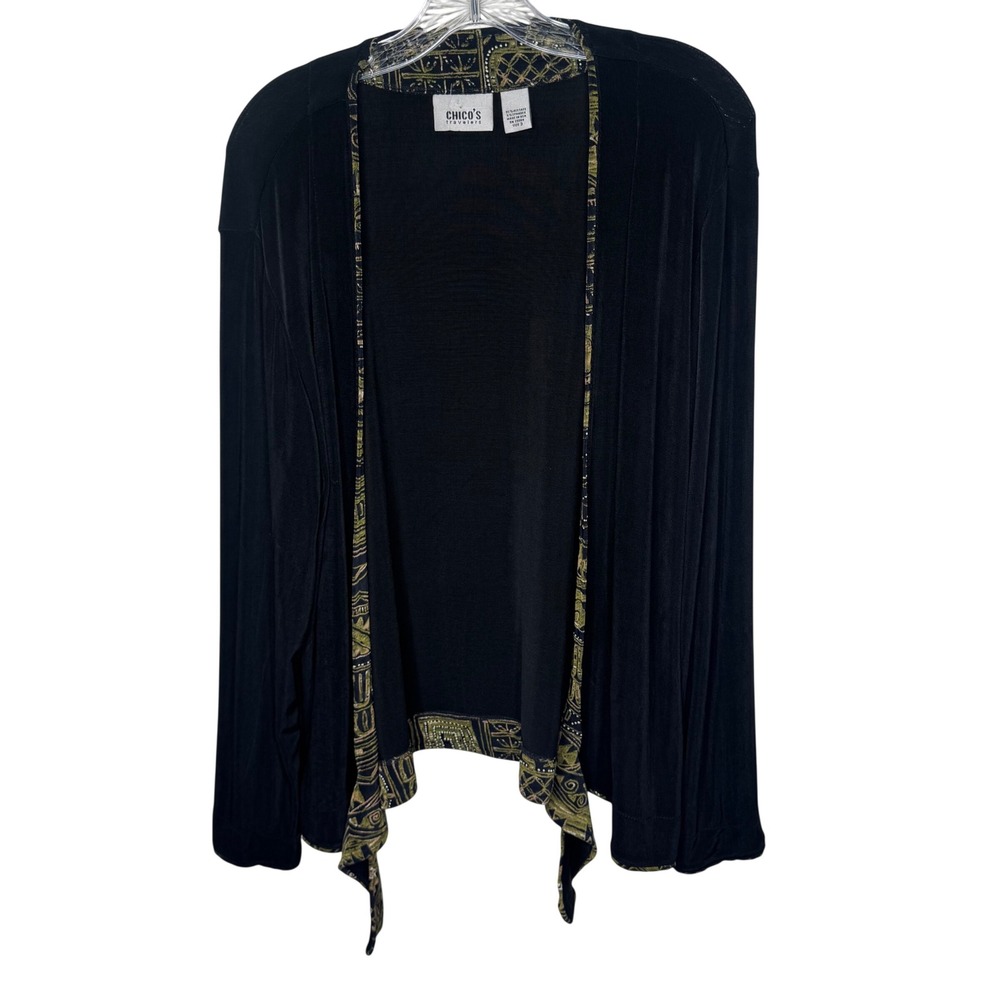 Chicos Travelers Black Geometric Print Open Front Cardigan Lightweight Size 3 XL